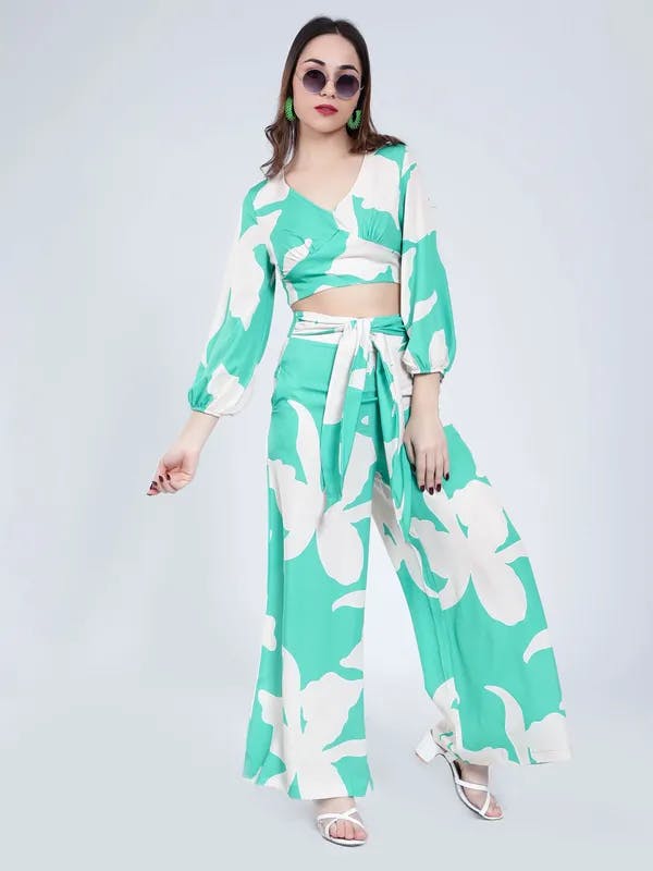 Belted Floral Two-Piece Set S Green