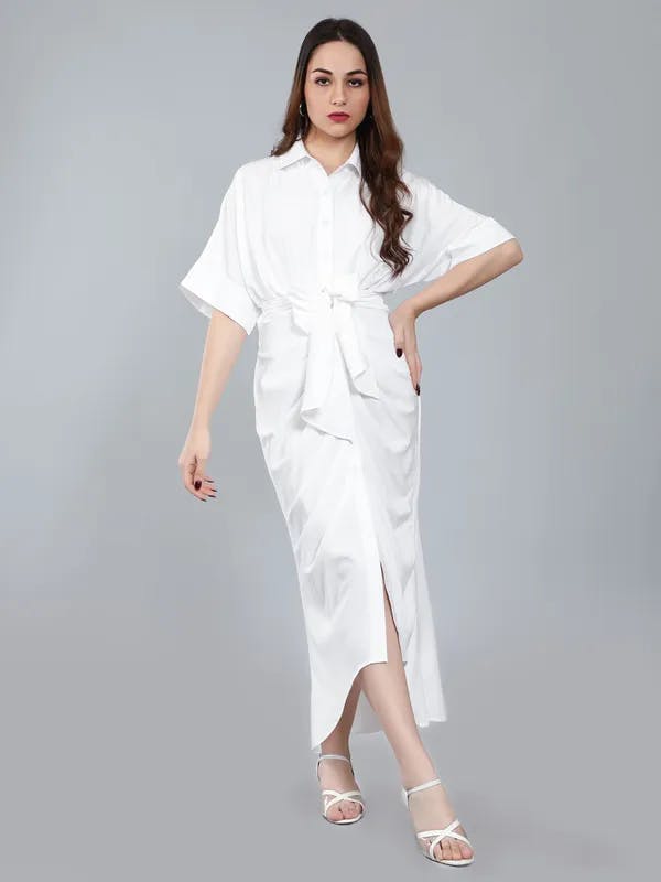 Cinched Waist Belted Shirt Dress  XS White