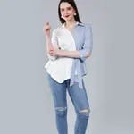 Colorblock Overlap Assymetrical Belted Top S White-Blue
