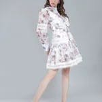  Lace Floral Belted Dress M White