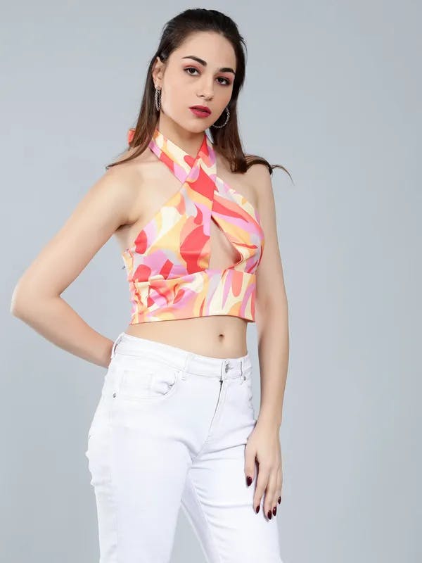 Abstract Print Cross Halter Top S Multi Color