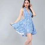 Printed Halter Short Dress One Size Blue