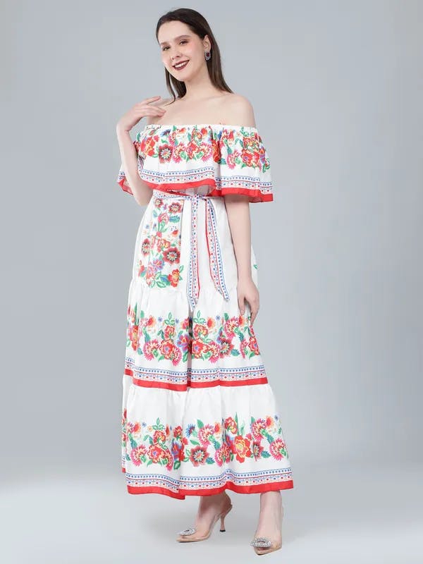 Floral Print Off-Shoulder Maxi Dress XS White