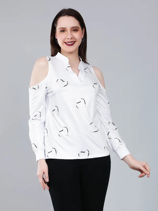 Cold Shoulder Heart Printed Blouse M White