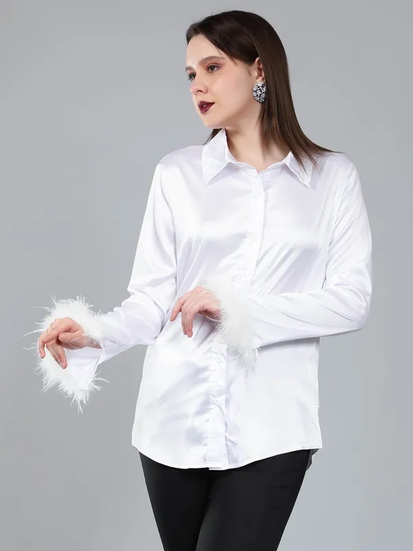 Feather Cuff Satin Shirt One Size White