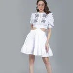 Flower Embroidery Waist Cut Out Dress M White