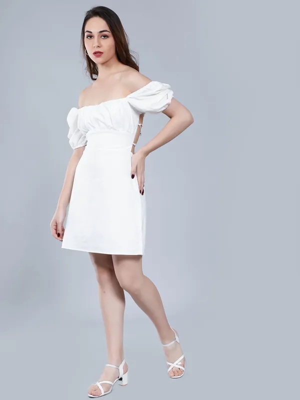 Off Shoulder Puff Sleeves Dress S White
