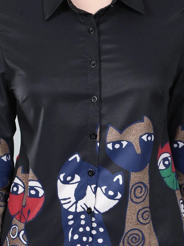 Cartoon Cat Printed Shirt S Black
