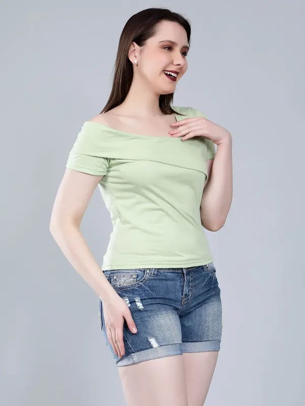 Asymmetric Neck T-Shirt S Green