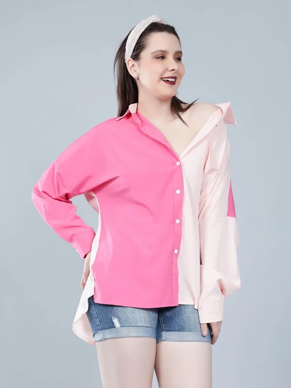 Colorblock Drop Shoulder Shirt S Pink