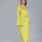 Draped Satin One Shoulder Dress S Yellow