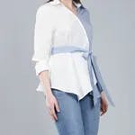 Colorblock Overlap Assymetrical Belted Top S White-Blue