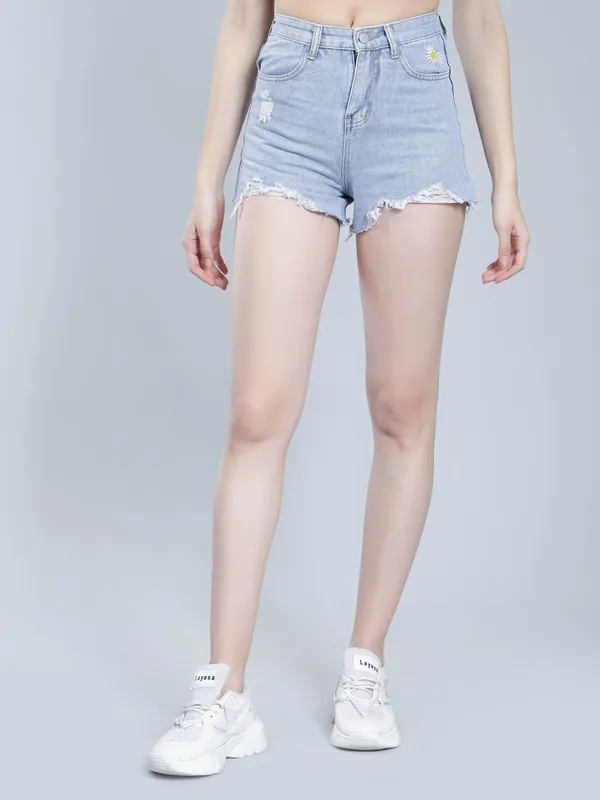 Flower Embroidery Ripped Denim Shorts S Blue