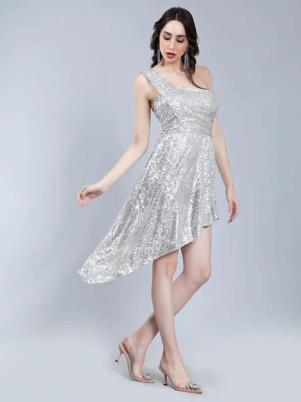 Sequined Cocktail Dress S One Sizeilver