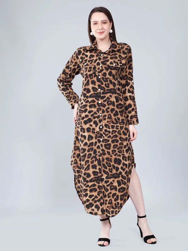 Leopard Print Long Shirt Dress S Coffee