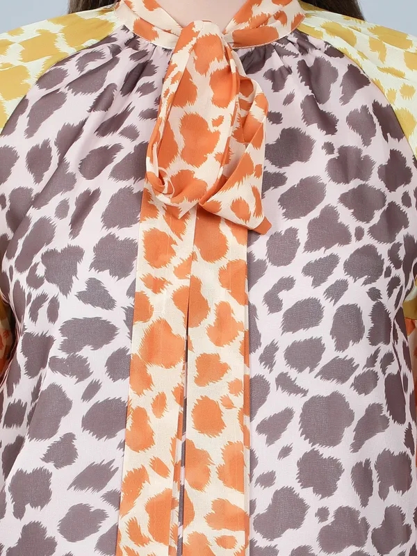 Leopard Print Colorblock Tie Neck Blouse One Size Multi