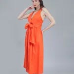 Deep V-Neck Cotton Dress S Orange