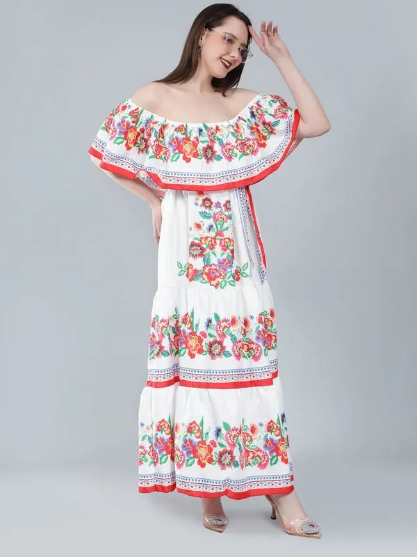 Floral Print Off-Shoulder Maxi Dress XS White