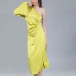 Draped Satin One Shoulder Dress S Yellow