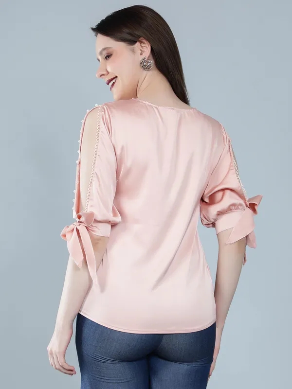 Pearl Knotted Slit Sleeve Blouse S Dusty Pink