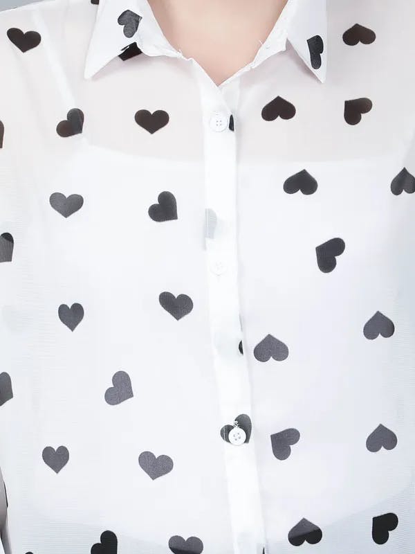  Heart Print Sheer Shirt One Size White