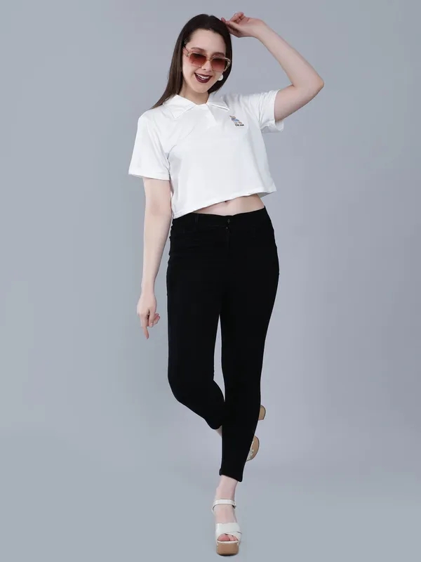 Bear Embroidered Cropped Polo Tee S White