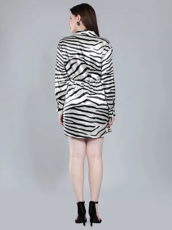 Zebra Print Satin Wrap Dress S White