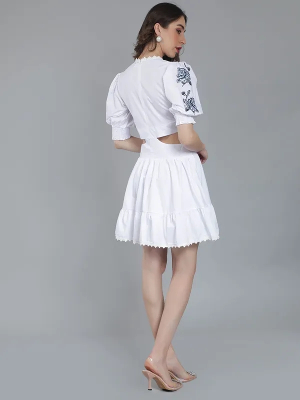Flower Embroidery Waist Cut Out Dress M White