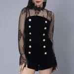 Velvet Playsuit With Lace Top S Black