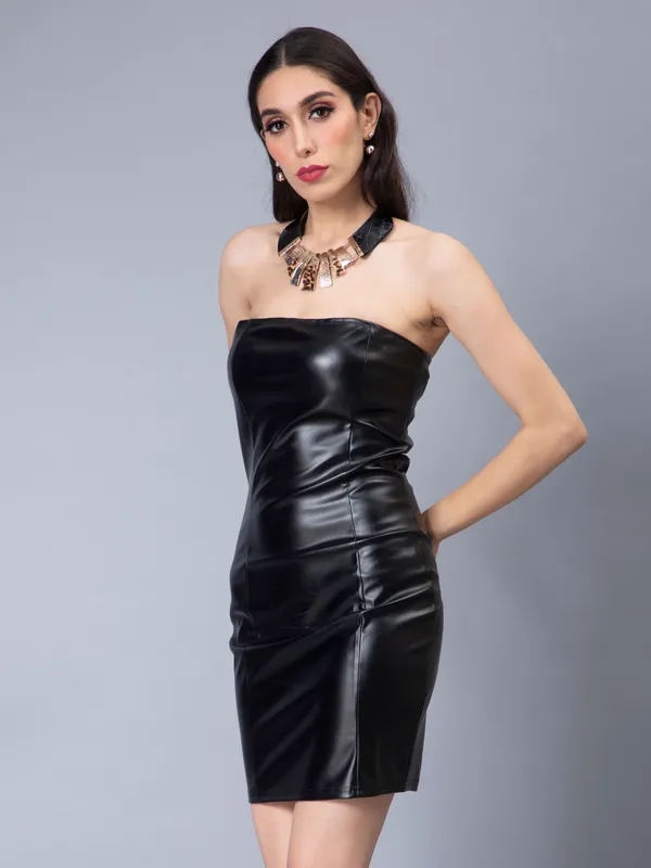 Bodycon Faux Leather Dress S Black