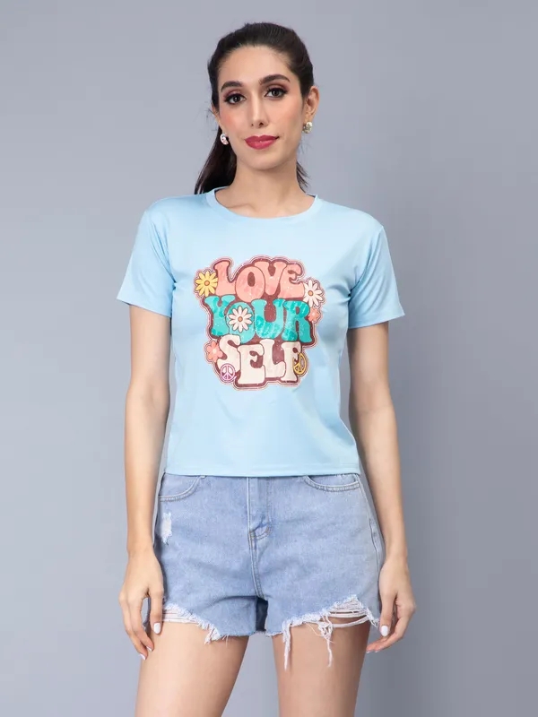 Love Your Self Print T-Shirt One Size Light Blue