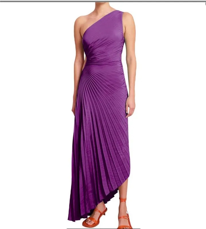 One-Shoulder Pleated Maxi Dress Purple S